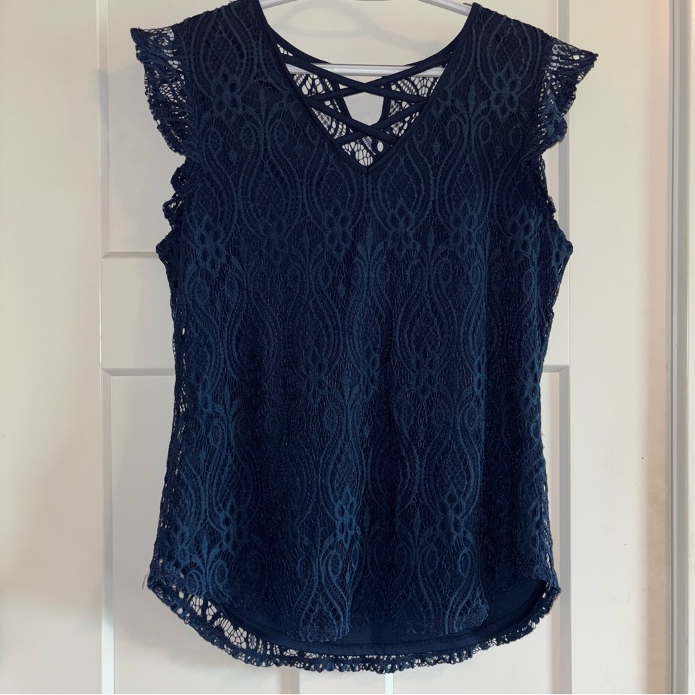 No Boundaries Blue Flutter Sleeve Lace Blouse
